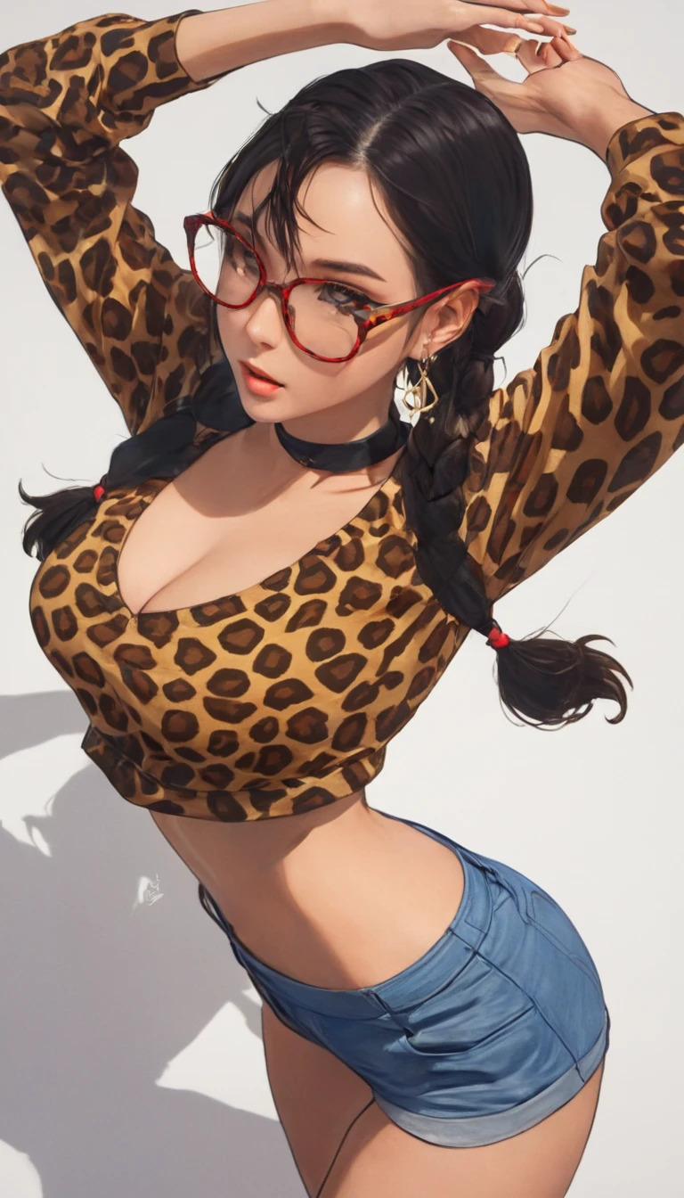 There is a lady wearing a leopard print blouse and blue shorts, non-style artwork by guweiz, realistic art style, high resolution committee, casual posture, realistic anime 3d style, style art, Extremely detailed artger, Realistic rendering of anime girl, [ digital art 4k ]!!, anime digital illustration, Detailed digital animation artwork