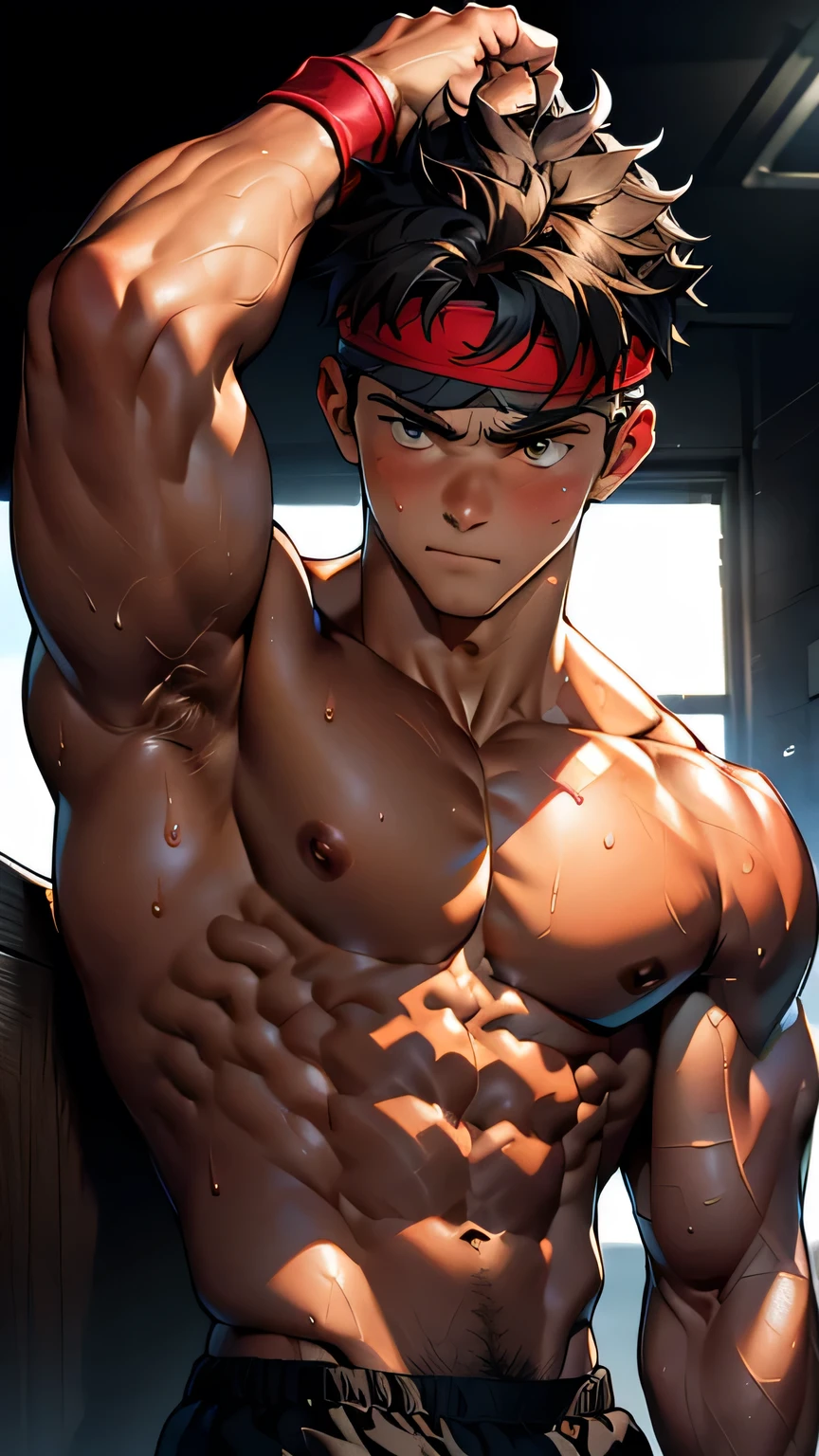 (Masterpiece, Best quality 17 year old boy, black background, standing, ((shoot from front)), looking away), ((((solo, get knocked out, sweat, swoon, defeat, damage, groggy, restrained, hanging, up side down,)))), Young, boy, muscler, Shirtless, (Dark Short straight hair, almost completely shaved hair, under cut, brown eyes), (red headband), ((hot Abs:1.2, big breast:1.2, upper arms, jacked muscle, beautiful musculature, aesthetic striations, inspirational physique, lean muscle, square pecs, beautiful v-taper, great abs and torso), Vivid colors, detailed face, detailed muscle, (rippling muscles, buttle)