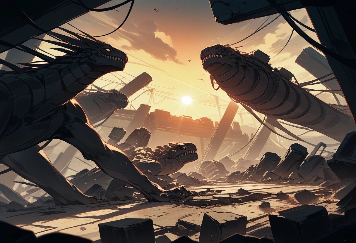 highres, top quality, best quality, paid reward available, High-quality illustrations, unparalleled masterpiece, perfect artwork, absurdres, animal creature standing in the center of a dimly lit room, Rubble, decayed room, Sunset through the window, lens flare, dynamic lighting, cinematic shadow, dutch angle,