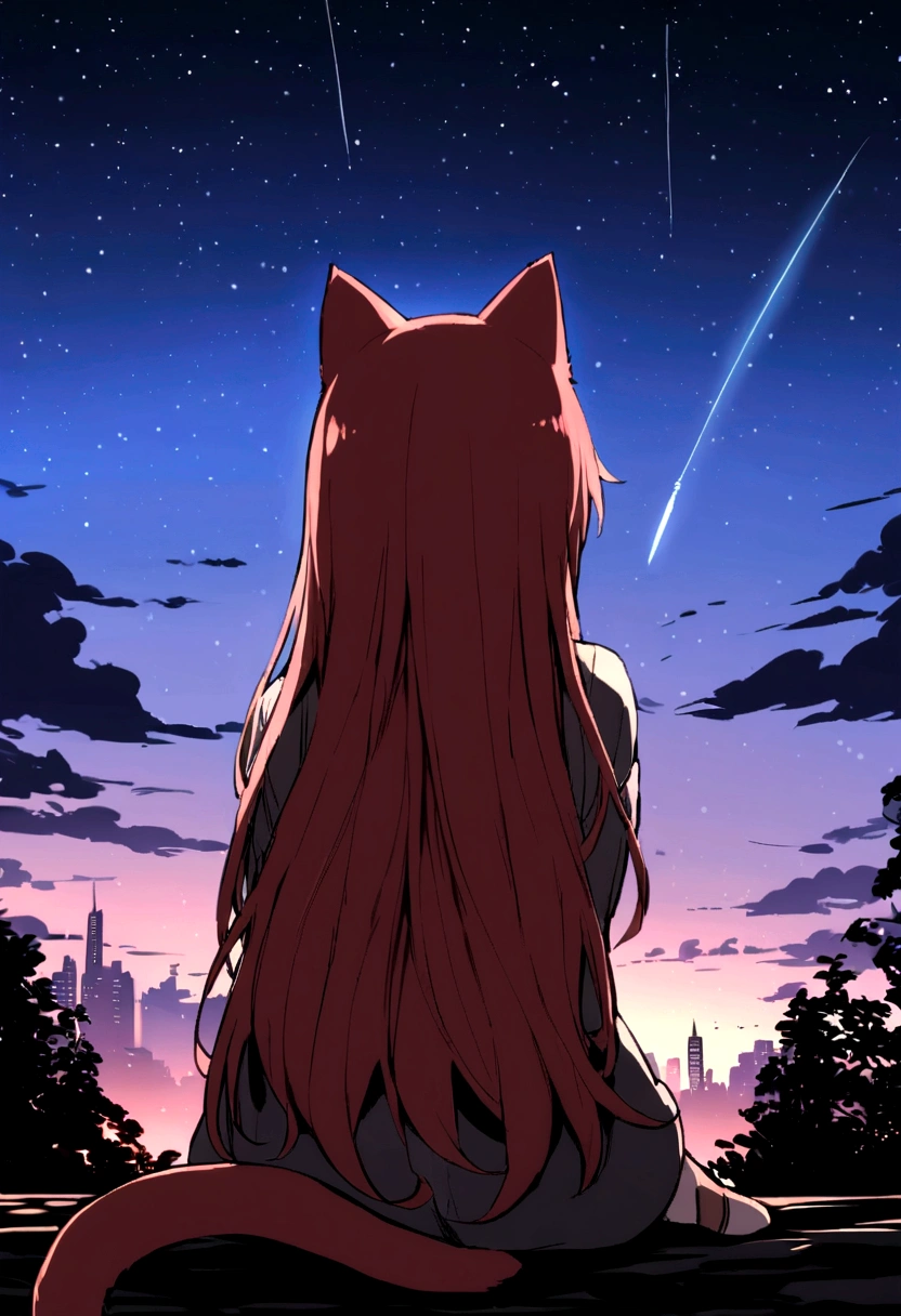 (reddish、pink),octane, sky, star(sky), sight, star이 빛나는, night,( 1 girl,cat 한마리、hugging:1.5),(hugging:1.3),cat,가까운 sky, solo, draft, built, cloud, shooting star,sit on, tree, length hair, city, silhouette, city sight,from behind