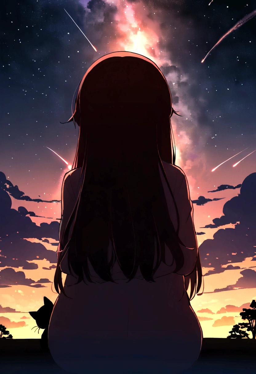 (reddish、pink),octane, sky, star(sky), sight, star이 빛나는, night,( 1 girl,cat 한마리、hugging:1.5),(hugging:1.3),cat,가까운 sky, solo, draft, built, cloud, shooting star,sit on, tree, length hair, city, silhouette, city sight,from behind