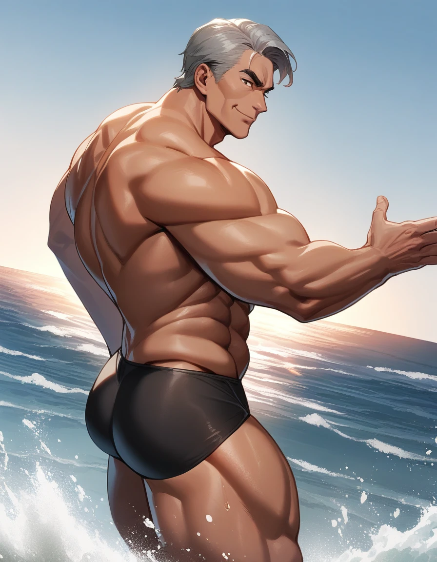 1man, mature teacher, physical education teacher, 40yo, gray hair, tanned skin, brown eyes, forehead, crewcut, handsome, masculine, pentagon face, stocky waist, slighty chubby, muscular plump, heavy weight japanese, aggressive, pheromonal, male high ratio body proportions, BREAK black swim bikini, topless, off shot, male nipples, abs, thigh, small bulge, fullbody, solo, looking side, soft smile, sexy posing, seaside, from side, detailed back ground, romance, dramatic expression, dutch angle, 1980s, in isekai style, extreme all detailed, masterpiece, best quality