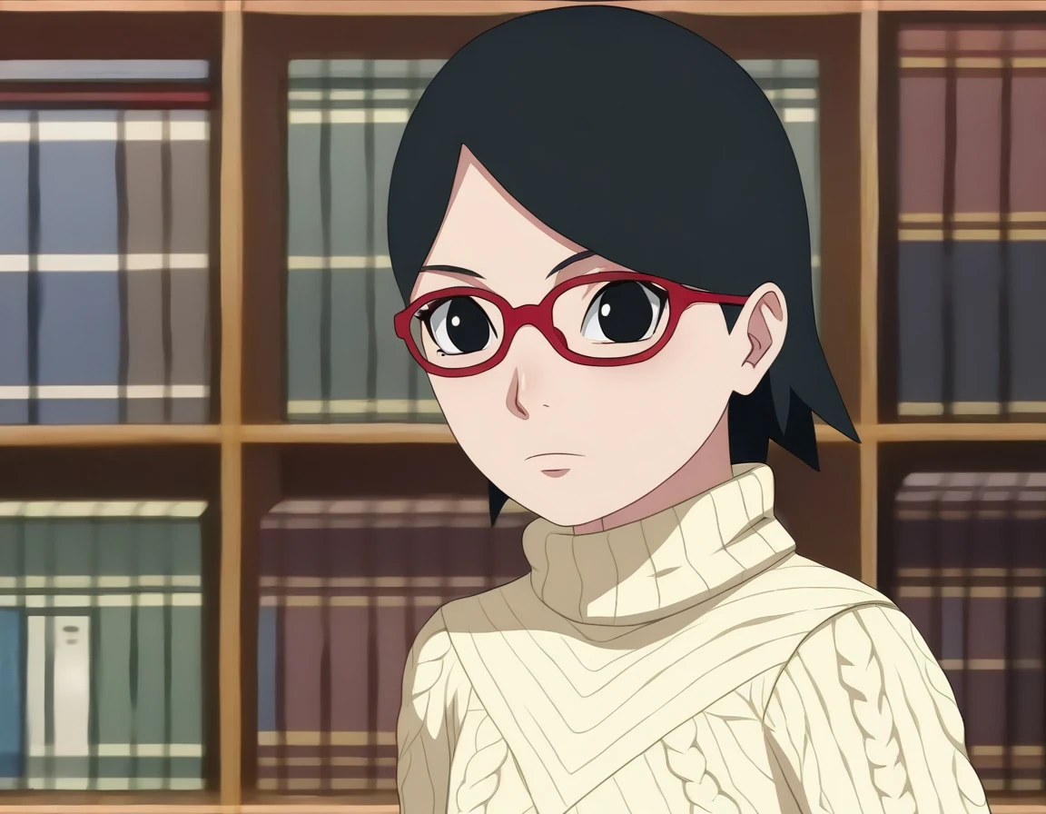 score_9, score_8_up, score_7_up,1girl,sarada,black hair,short hair,red eye frame glasses,detailed face, masterpiece,best quality, shiny ,wearing a sweater,flat chest,library,black eyes