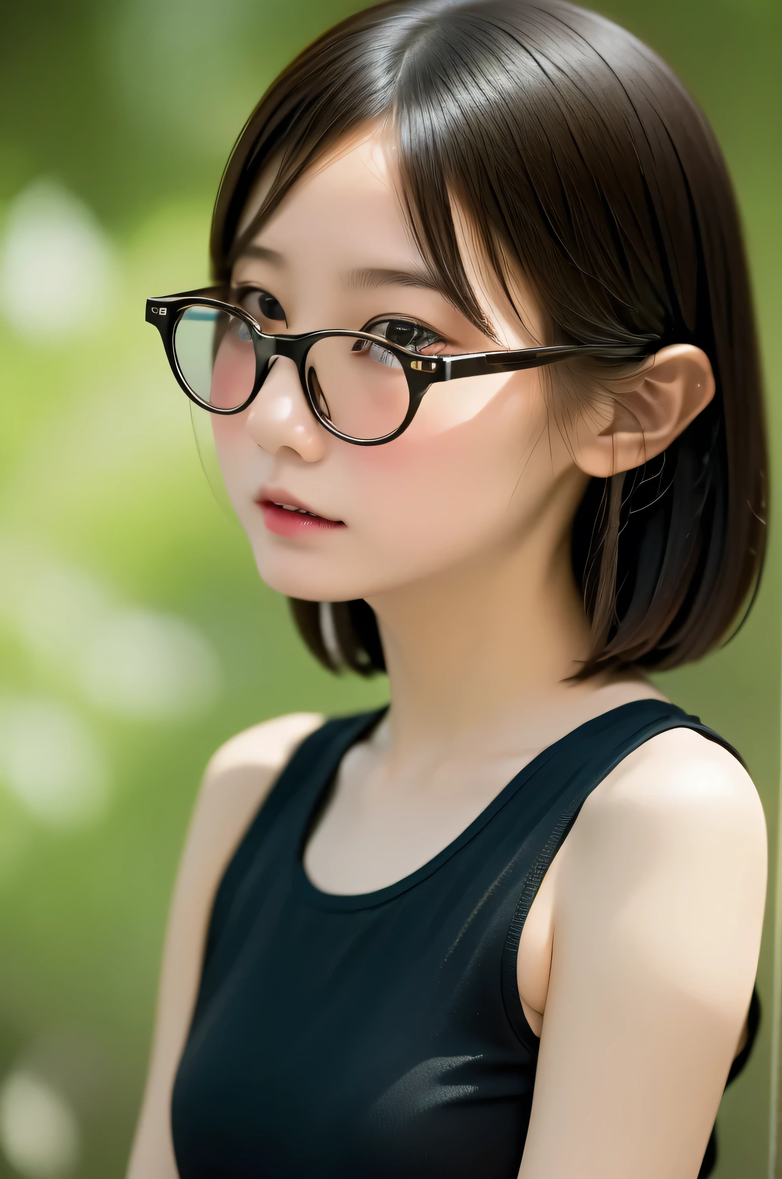 (masterpiece, Highest quality, It captures a very cute moment, Depth of written boundary, Super detailed, Ultra-high resolution, C4D, Octadale, 3D Modeling,Realistic human photos、 8K, 16K, One Girl,Middle school students, Small ,Black Hair,short hair,Straight Hair,Light brown eyes,White headband,Wearing black glasses,Cute face), Bloomers, Black tank top, zettai ryouiki, Wet clothes,Classroom Nights,Moonlight, Good elevator, Take off、Real-life skin、Not an anime、Realistic、Not an illustration
