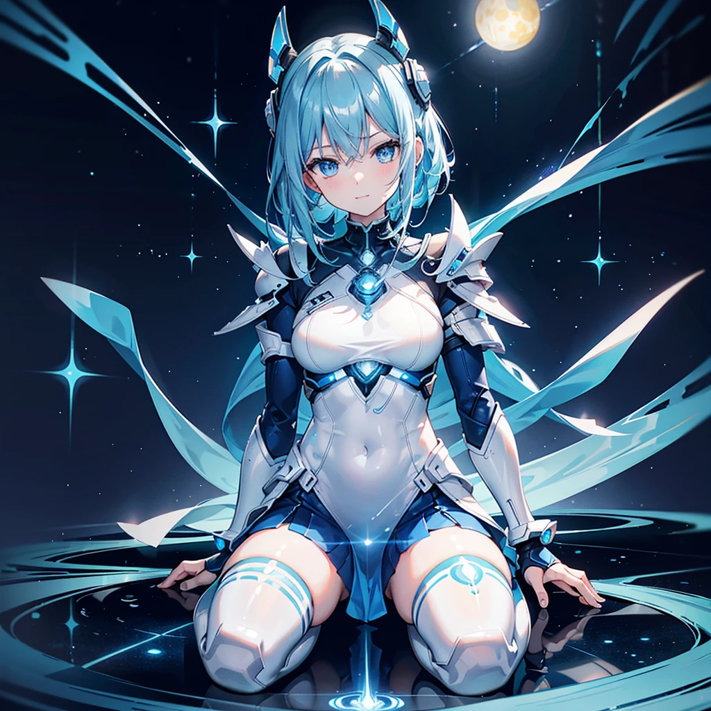 8k, highest quality, (real:1.4), Original photo, 1 girl, Asari Hair, Biological Amplifier, refined armor, posture: Peace talks between warring factions, smart blue eyes,A modest smile、Knee-high boots、Blue big moon and blue light swirl in the background、Blue light from behind、blue light magic