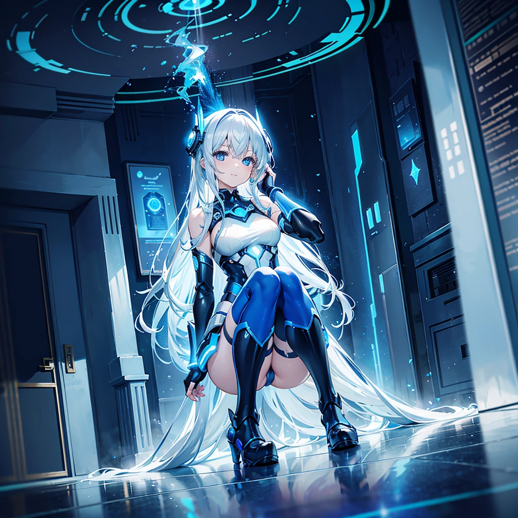 8K, Highest quality, (real:1.4), Original photo, 1 girl, Asari Hair, Biological Amplifier, Very sleek and futuristic armor, posture: Peace talks between warring factions,,attention arousal, smart blue eyes,A modest smile,Knee-high boots,Patent-look blue tights,Blue big moon and blue light swirl in the background,Blue light from behind,blue light magic,A small, glowing blue ball in the palm of your hand,Blue flame swirl,Blue Comet,Polished floor,