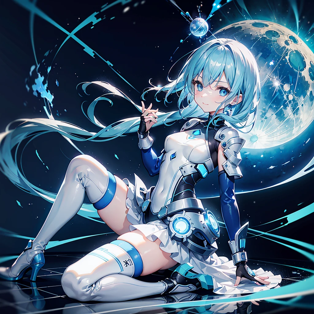 8K, Highest quality, (real:1.4), Original photo, 1 girl, Asari Hair, Biological Amplifier, Very sleek and futuristic armor, posture: Peace talks between warring factions,,attention arousal, smart blue eyes,A modest smile,Knee-high boots,Patent-look blue tights,Blue big moon and blue light swirl in the background,Blue light from behind,blue light magic,A small, glowing blue ball in the palm of your hand,Blue flame swirl,Blue Comet,Polished floor,