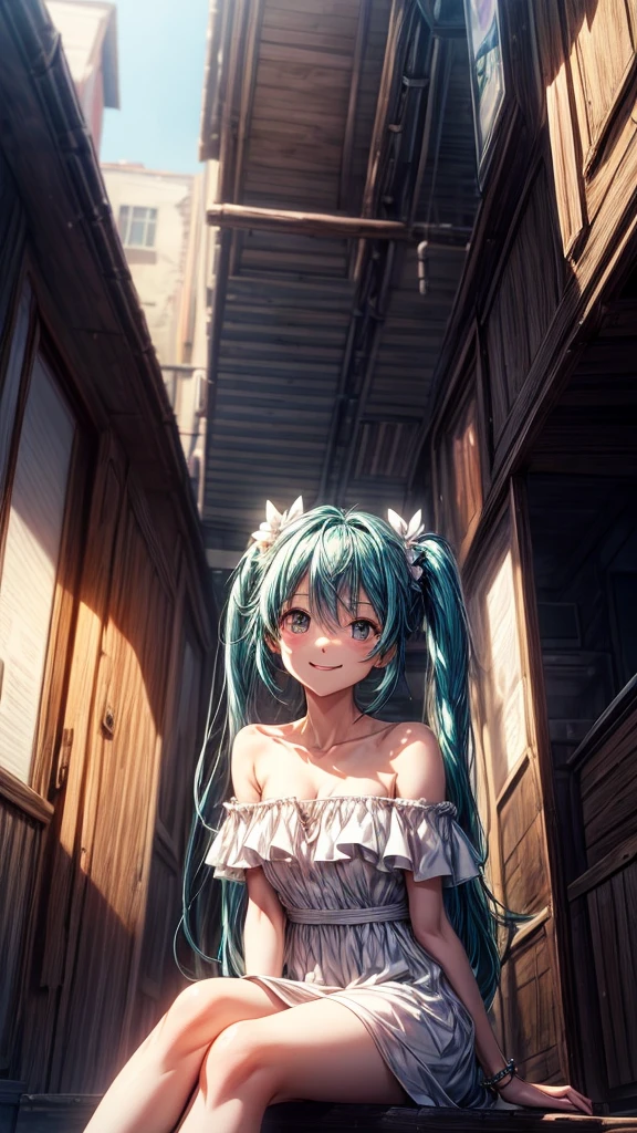 A Makoto Shinkai-esque setting with a mysterious natural backdrop。
While sitting。
Wearing a white dress。
Off-the-shoulder dress。
Smiling and looking upwards。
Hatsune Miku from the front。