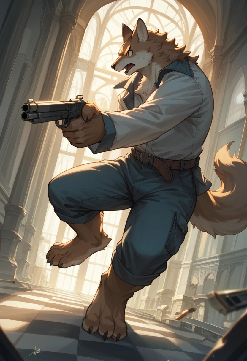 dynamic angle, top quality, best quality, High-quality illustrations, masterpiece, super high resolution, detailed background, detailed background, biohazard, Dim hotel hallway, gun fight, game package, absurdres(highly detailed beautiful face and eyes)perfect anatomy, expression, good lighting, cinematic shadow(kemono, furry anthro),