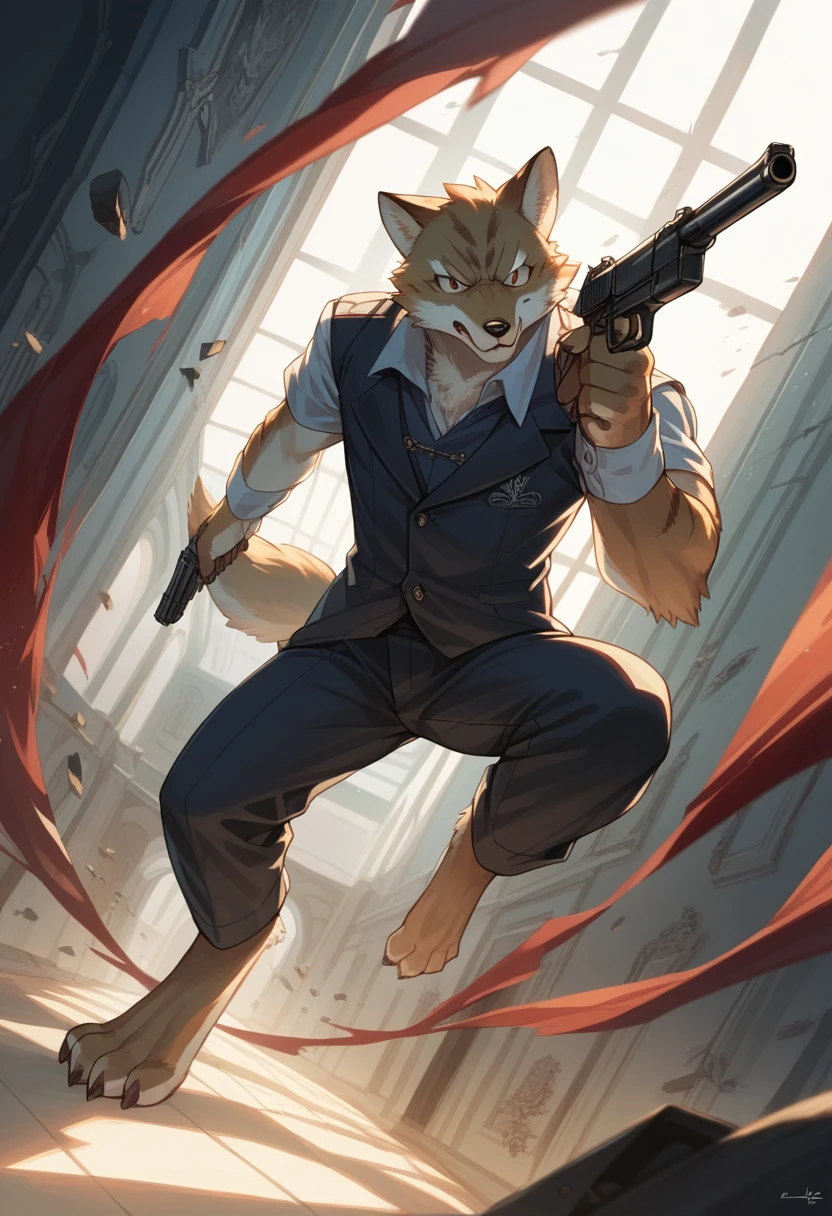 dynamic angle, top quality, best quality, High-quality illustrations, masterpiece, super high resolution, detailed background, detailed background, biohazard, Dim hotel hallway, gun fight, game package, absurdres(highly detailed beautiful face and eyes)perfect anatomy, expression, good lighting, cinematic shadow(kemono, furry anthro),