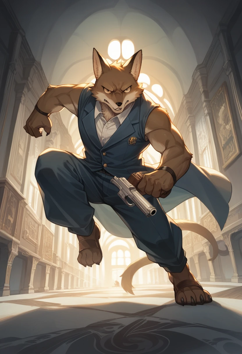 dynamic angle, top quality, best quality, High-quality illustrations, masterpiece, super high resolution, detailed background, detailed background, biohazard, Dim hotel hallway, gun fight, game package, absurdres(highly detailed beautiful face and eyes)perfect anatomy, expression, good lighting, cinematic shadow(kemono, furry anthro),