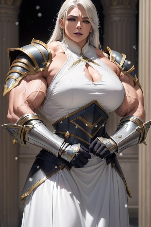 (((Massive beautiful, buff, light brown skinned muscular paladin woman with white hair, black lipstick, ginormous bulky muscles and wearing full gleaming white paladin knight armored with a long tiered skirt))), (close view), large breast, massive muscle, massive biceps, hyper muscle shoulders, hyper muscle triceps, (long straight hair), blue eyes, (knight boots), (metal armor), breastplate, gauntlets, (Shoulder armor), closed smile, (in a castle in heaven), snowfall, Vascular arms, hyper muscles arms, hyper muscle legs, massive buff arms.