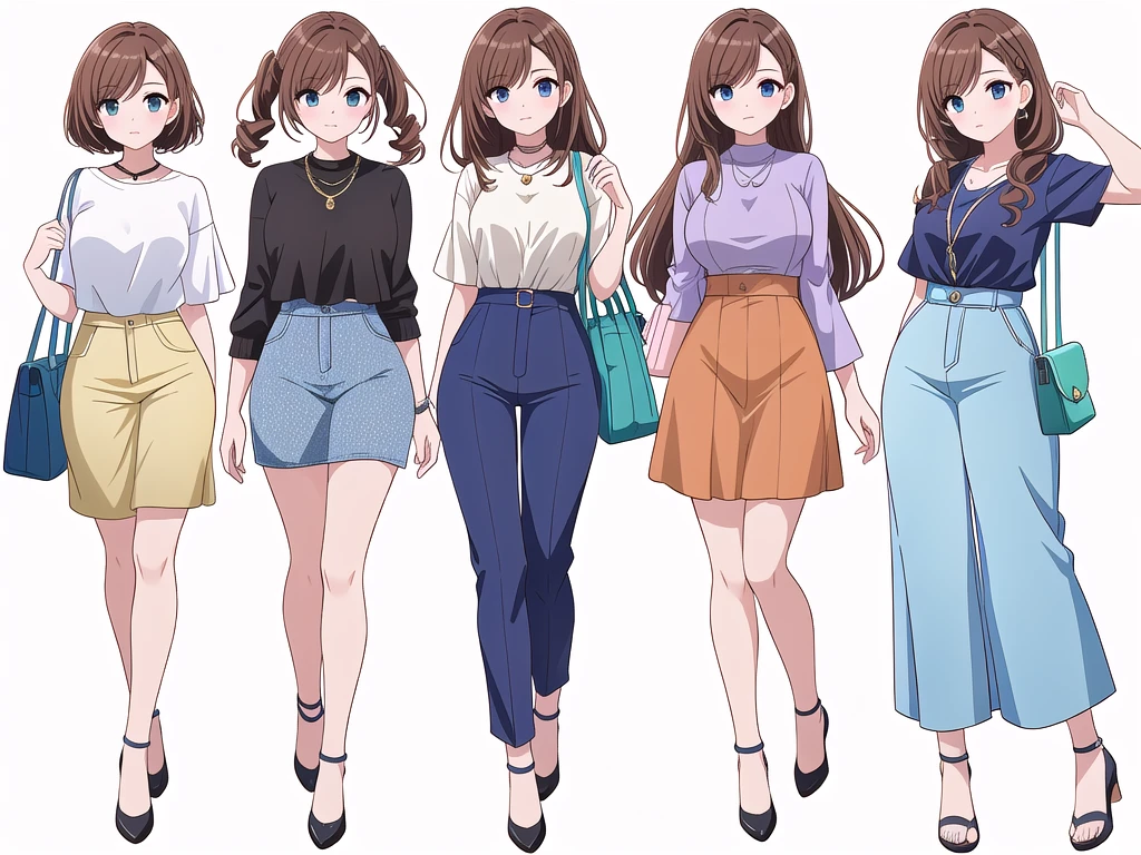 (((Best Quality))) , ((full body)), 4 lady, adult woman, multiple views, (((white background,))) variety of hairstyles, variety of fashion styles, seductive pose, fashionable and trendy atmosphere, holding bag, summer outfits, walk pose, dark blue/dark orange/dark green/dark violet/brown/white, short pants,