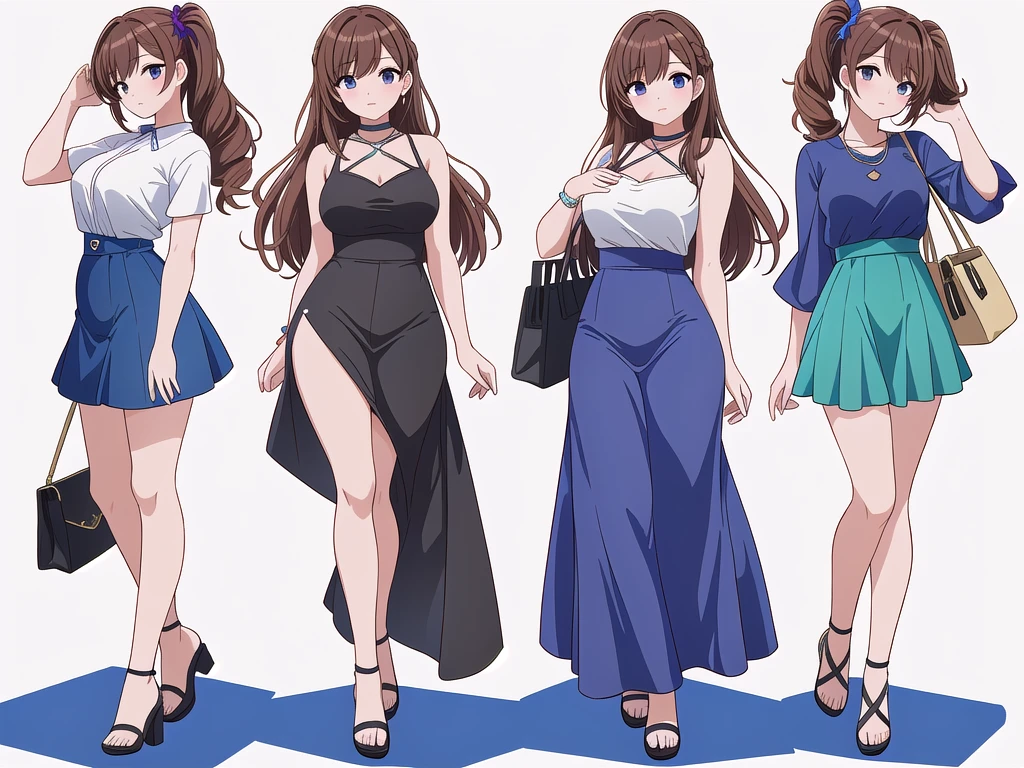 (((Best Quality))) , ((full body)), 4 lady, adult woman, multiple views, (((white background,))) variety of hairstyles, variety of fashion styles, seductive pose, fashionable and trendy atmosphere, holding bag, summer outfits, walk pose, dark blue/dark orange/dark green/dark violet/brown/white, short pants,