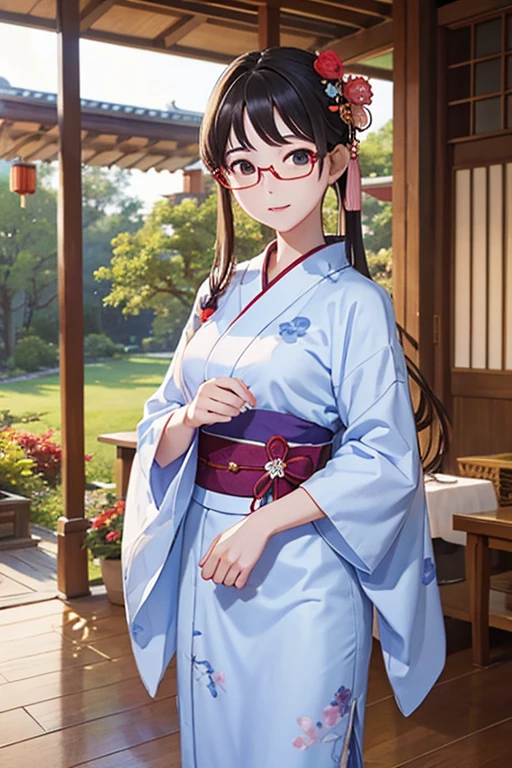 Highest quality、masterpiece、High sensitivity、High resolution、Detailed Description、Slender women、Glasses、In a yukata、With a fan in hand、Wind chimes on the veranda、