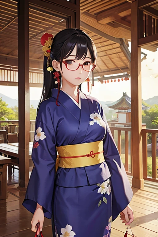 Highest quality、masterpiece、High sensitivity、High resolution、Detailed Description、Slender women、Glasses、In a yukata、With a fan in hand、Wind chimes on the veranda、