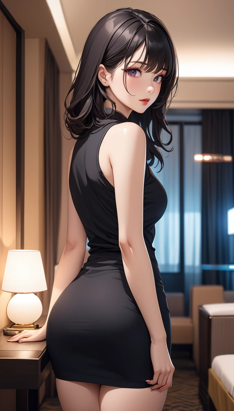 masterpiece, high resolution, beautiful woman, Korean Beauty, 30 years old, black sleeve less sweater, mini pencil skirt, beautiful woman, night hotel, standing and looking at me, high resolution face, (high resolution eyes), black hair, curvy