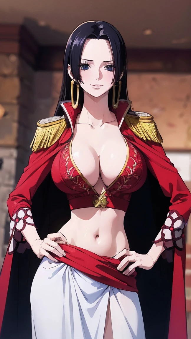 (masterpiece, best quality:1.2), cowboy shot, solo, 1girl, boa hancock, smile, looking at viewer, hand on hip, cape, epaulettes, cleavage, jewelry, earrings, midriff,NSFW,official art,extremely detailed CG unity 8k wallpaper, perfect lighting, (masterpiece:1.0),(best_quality:1.0), ultra high res,4K,ultra-detailed, photography, 8K, HDR, highres, absurdres:1.2, Kodak portra 400, film grain, blurry background, bokeh:1.2, lens flare, (vibrant_color:1.2),(beautiful_face:1.5),(narrow_waist),(perfect hands, perfect anatomy), big breasts