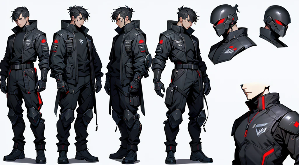 Character design sheet、male、Black combat uniform、Body Armor、Powered Suit、Full Face Helmets、cyber punk