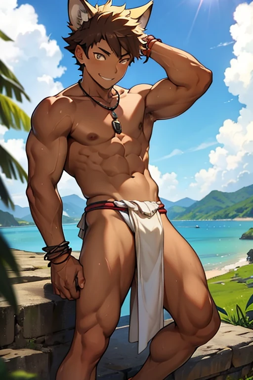 野性的なBrown skinの狼獣人の部族の細マッチョな奴隷少年、Brown skin、barefoot、barbarian、Ankle Accessories、Wolf Ears、Wearing an ivory necklace、smile、Wearing a loincloth、Short Hair、Tattered Loincloth、Iron Collar、Jungle Lake、Open