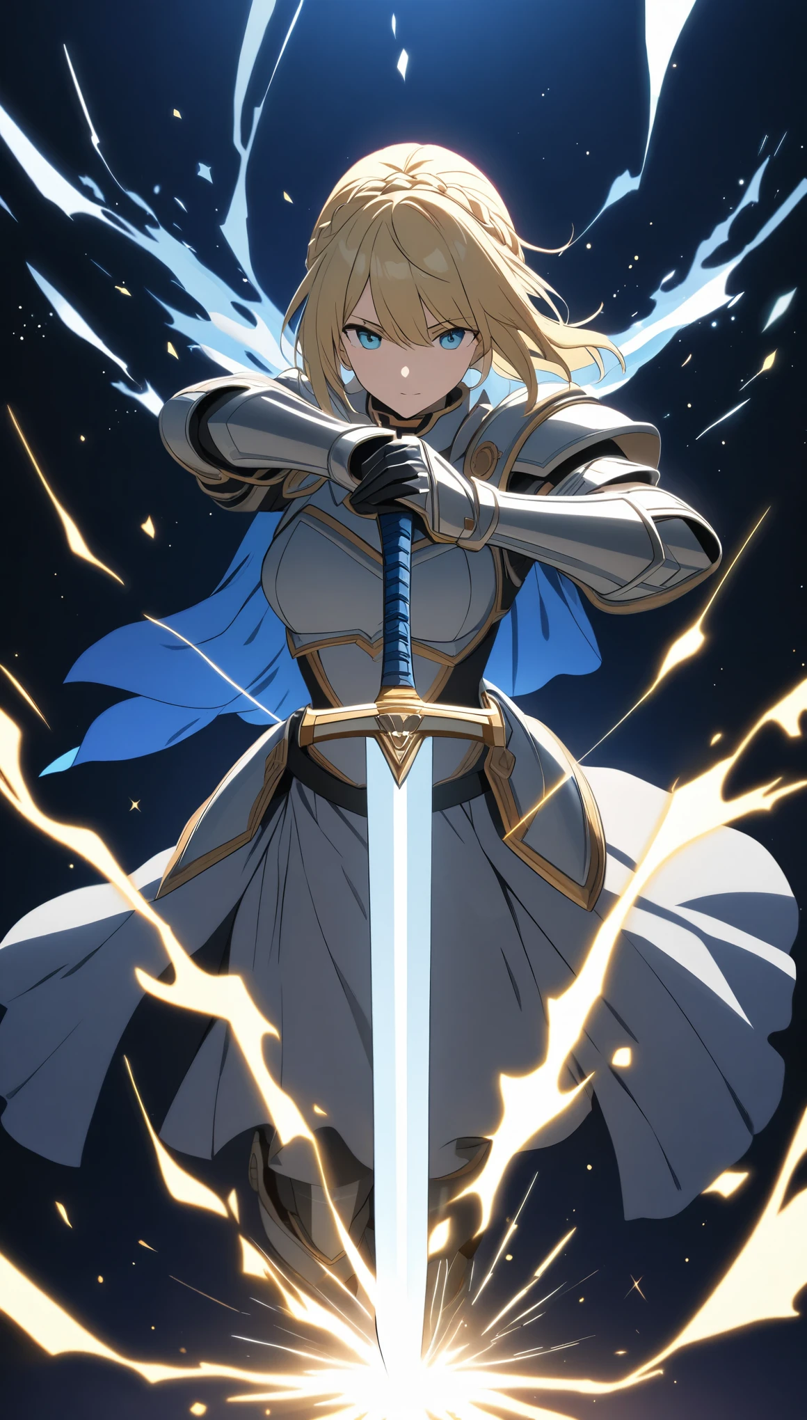 ((anime style, ray tracing, sparkle, best quality, uhd, highres, high quality, super detail, masterpiece, high details)),posters、artwork、Close-up,female knight、White armor with blue lines、((blondes))、Crown braid,Aquamarine Eyes,Cute Girls,Swing the one-handed sword in your right hand back、Deathblow、Charge one-handed sword、A pale blue aura surrounds the body.,((Magical effect))