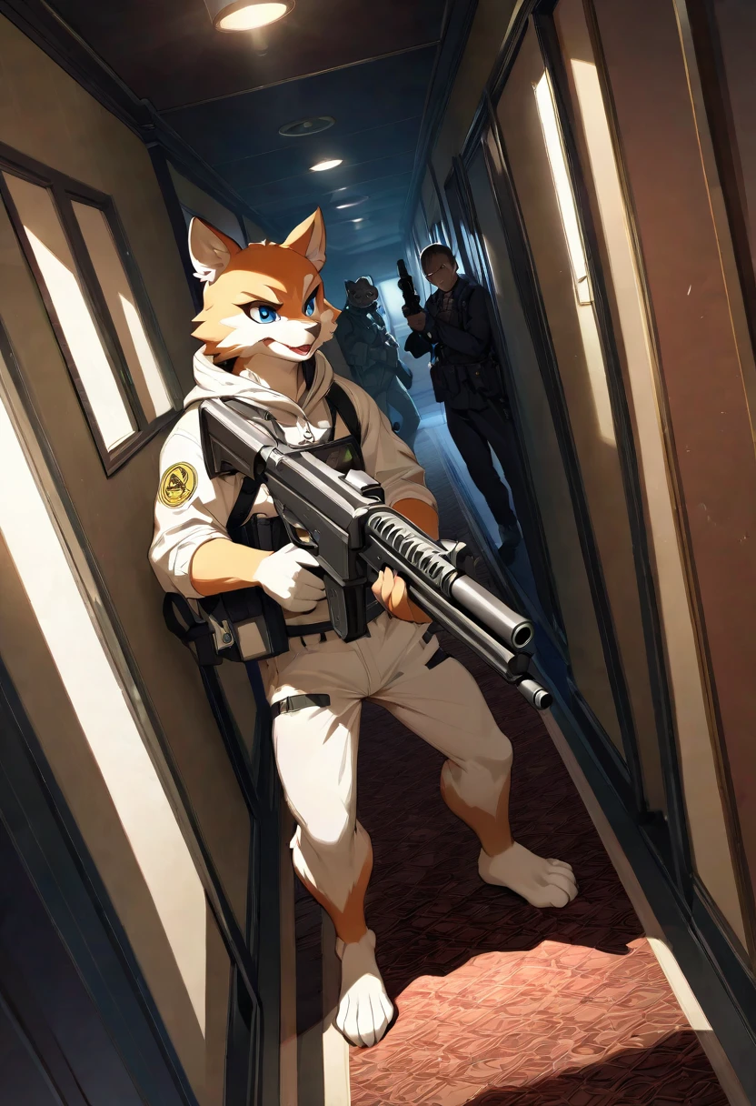 dynamic angle, top quality, best quality, High-quality illustrations, masterpiece, super high resolution, detailed background, detailed background, biohazard, Dim hotel hallway, gun fight, game package, absurdres(highly detailed beautiful face and eyes)perfect anatomy, expression, good lighting, cinematic shadow(kemono, furry anthro),