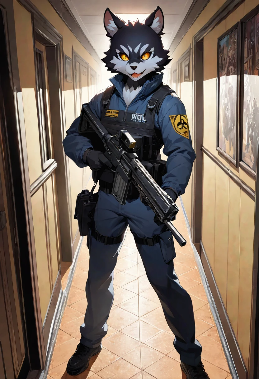dynamic angle, top quality, best quality, High-quality illustrations, masterpiece, super high resolution, detailed background, detailed background, biohazard, Dim hotel hallway, gun fight, game package, absurdres(highly detailed beautiful face and eyes)perfect anatomy, expression, good lighting, cinematic shadow(kemono, furry anthro),
