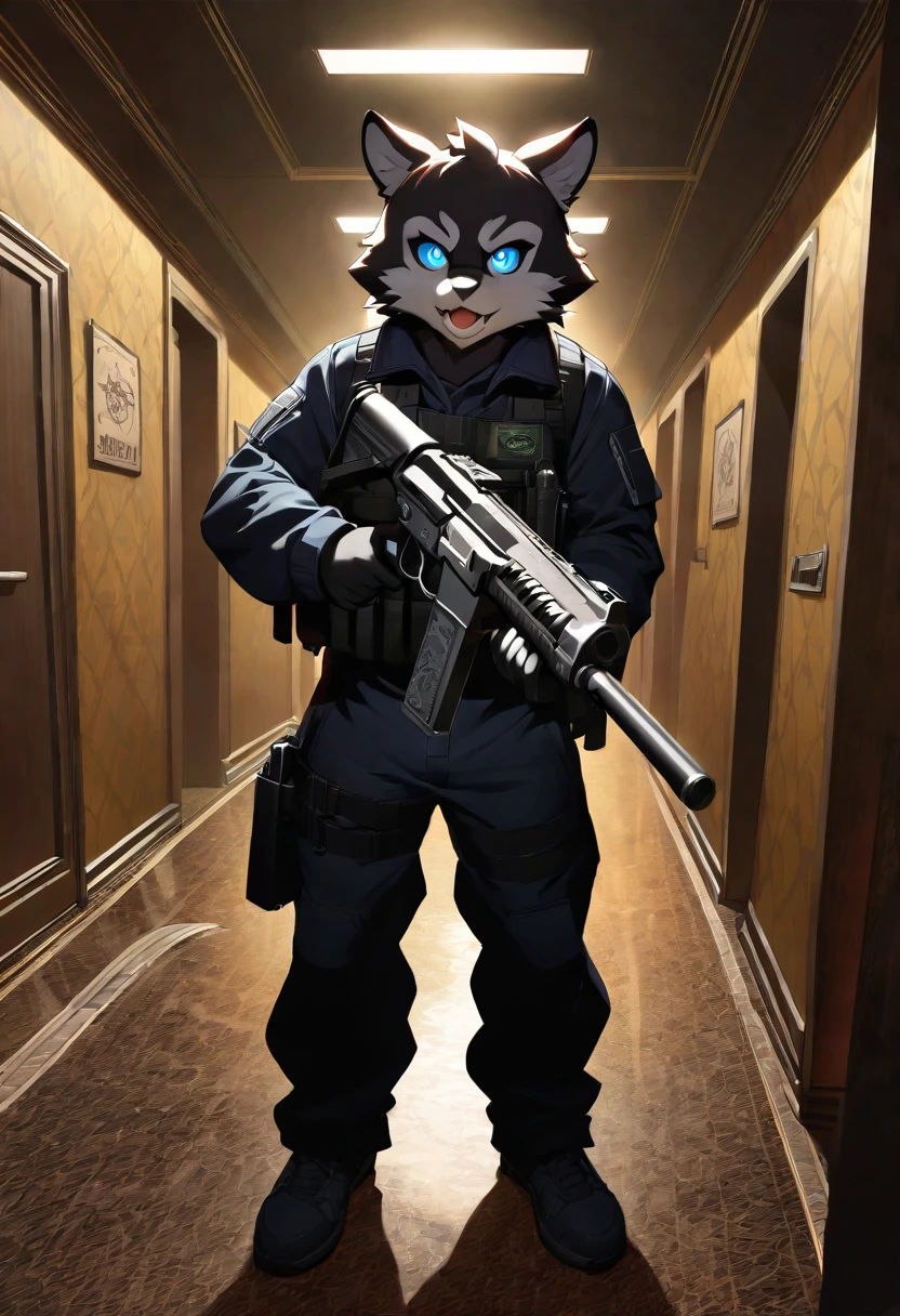 dynamic angle, top quality, best quality, High-quality illustrations, masterpiece, super high resolution, detailed background, detailed background, biohazard, Dim hotel hallway, gun fight, game package, absurdres(highly detailed beautiful face and eyes)perfect anatomy, expression, good lighting, cinematic shadow(kemono, furry anthro),