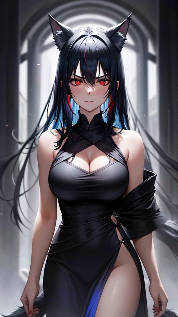 An adult woman, half wolf, black and blue hair, black ears, red eyes, wearing a black and blue dress, with an angry but gentle face, wide breasts