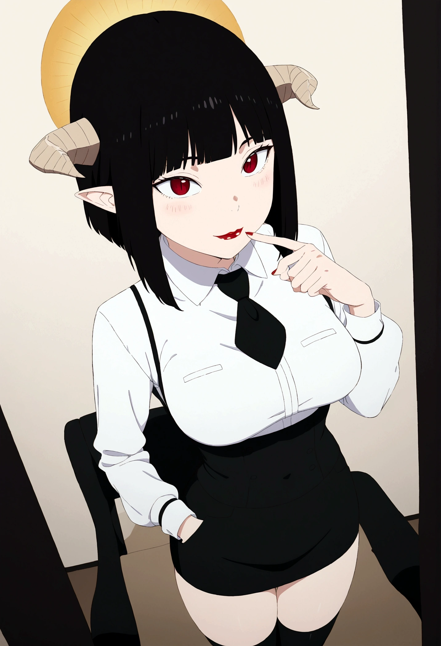,hands in pocket,work of art, tight white secretary shirt with black tie, black high waist skirt, short skirt,stocking, black hair, black tightscary sun,office,bangs on the eyes,lighting,horn of hair,view from above,smilecorada,linda,staring overhead,blushed,face red,Eyes red,finger her mouth,finger our lips