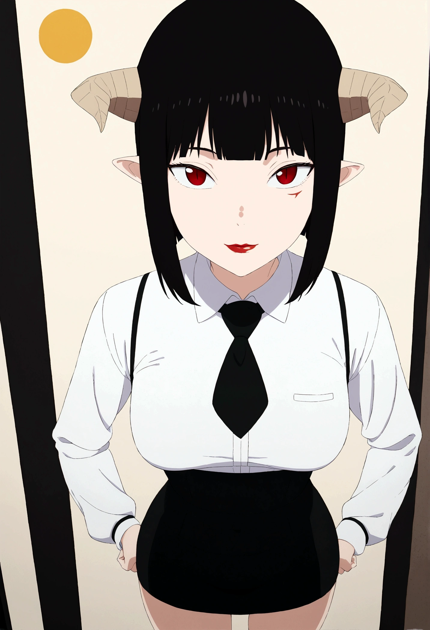 ,hands in pocket,work of art, tight white secretary shirt with black tie, black high waist skirt, short skirt,stocking, black hair, black tightscary sun,office,bangs on the eyes,lighting,horn of hair,view from above,smilecorada,linda,staring overhead,blushed,face red,Eyes red,finger her mouth,finger our lips