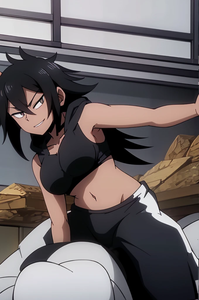 long messy hair, black hair (masterpiece), best quality perfect face beautiful girl, feminine, defined curves, cinematic, aesthetic, shadows, gorgeous, amazing, 1girl, dark skin, best quality, expressive eyes, (black eyes:1.3) ringed eyes, crop top, midriff, white hoodie, thick sleeves, black short shorts, in bedroom