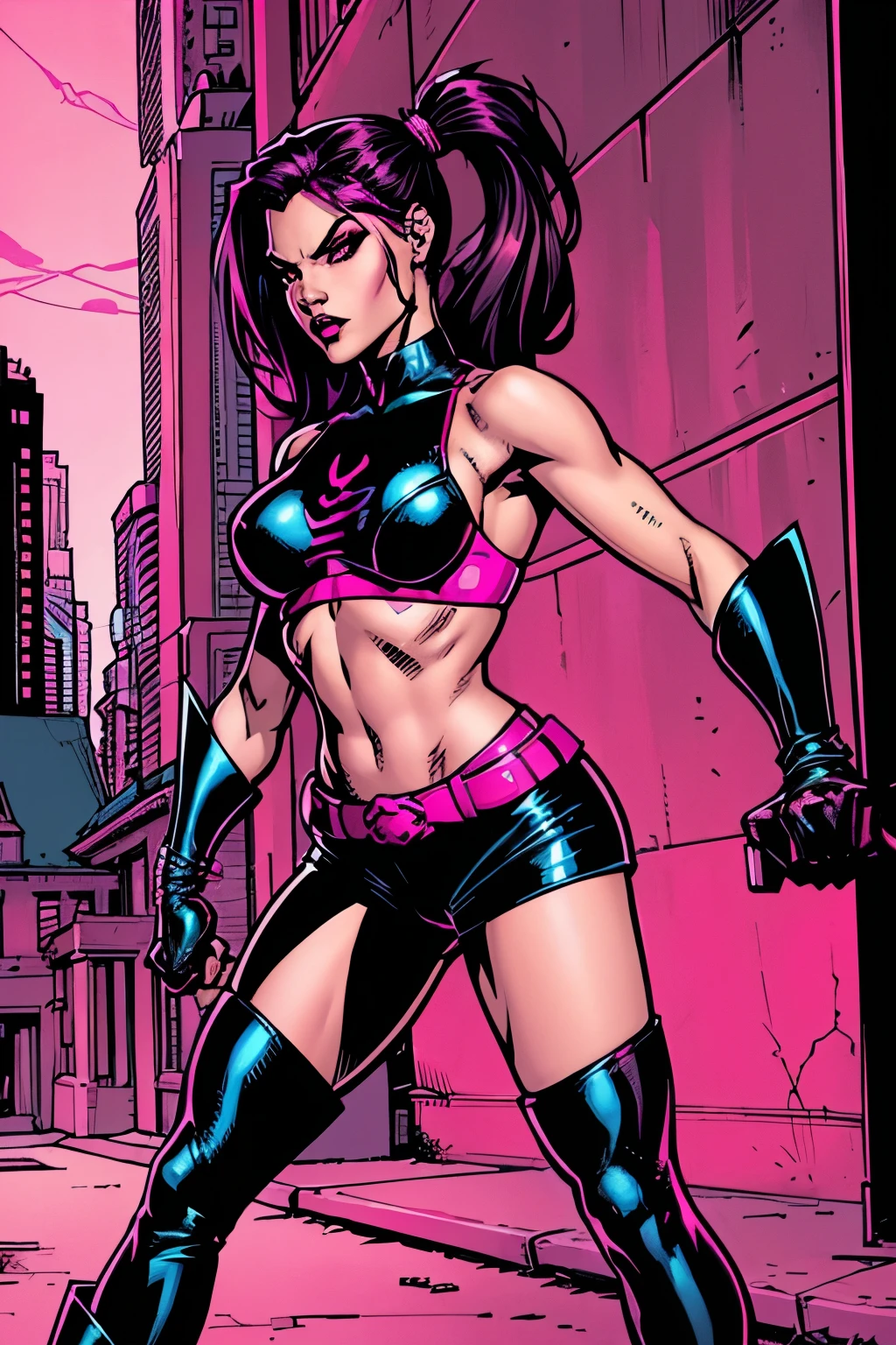 Comic style. A beautiful heroin with ferocious expression. With a black and pink highlight ponytailed long black hair and a pink eyes. Wearing a pink bra that made with iron, a black baggy leather pants, a pink glass high heels and a black leather gloves with pink design. Background of building during night.