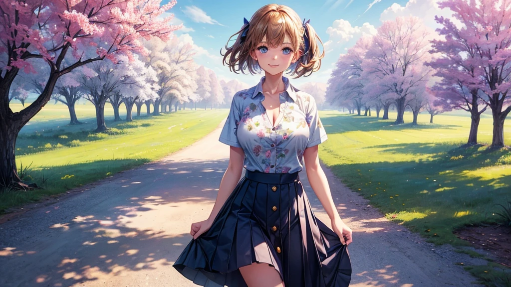 2girls, solo, full body, rural landscape, village, trees, sun, clouds, fantasy, large breasts, button down shirt, ((floral pattern shirt)), ((short sleeved shirt)), ((unbuttoned shirt)), unbuttoning buttons, cleavage 1:3, blue eyes, dark skirt, smile, looking at the viewer, standing, hair ribbon, golden necklate