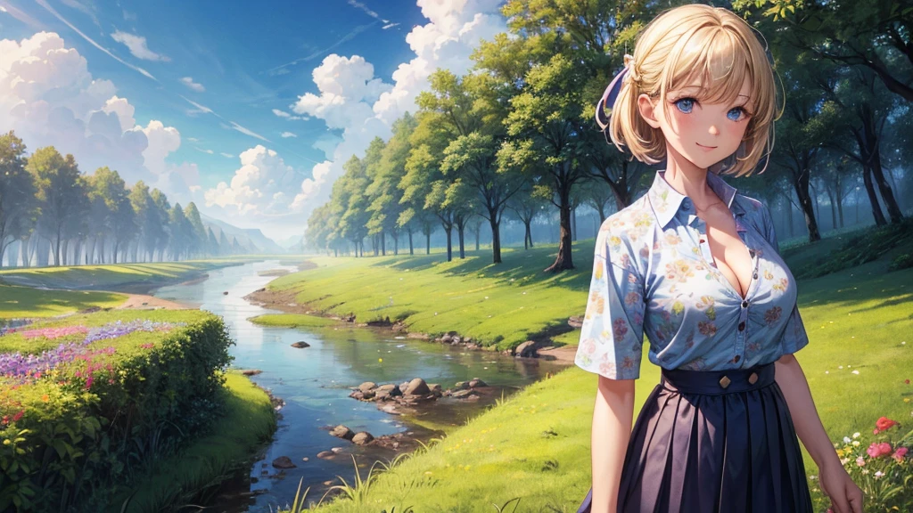 1girl, solo, full body, rural landscape, village, trees, sun, clouds, fantasy, large breasts, button down shirt, ((floral pattern shirt)), ((short sleeved shirt)), ((unbuttoned shirt)), unbuttoning buttons, cleavage 1:3, blue eyes, dark skirt, smile, looking at the viewer, standing, hair ribbon, golden necklate
