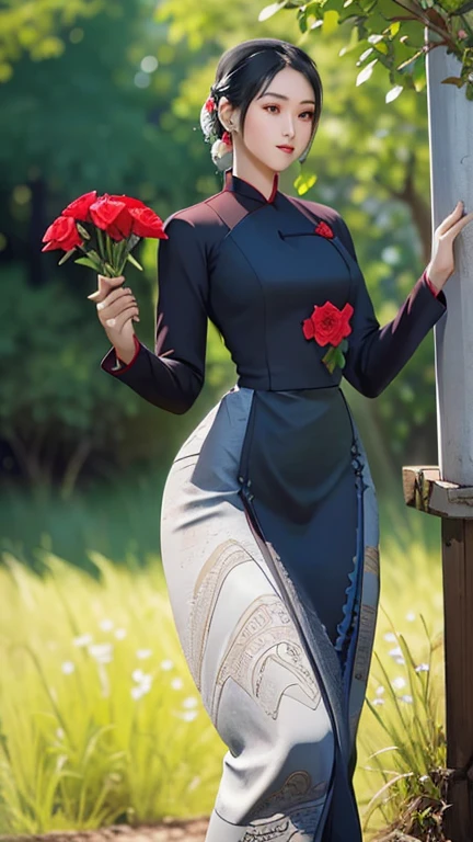 a beautiful girl in vintage colors aodai , masterpiece, best quality, realistic:1.3, street, holding bundle of flowers, red+black dress, sunlight, backlighting, artstation, intricate details, vignettThe owner of an attractive body outline and high hips3d 4k