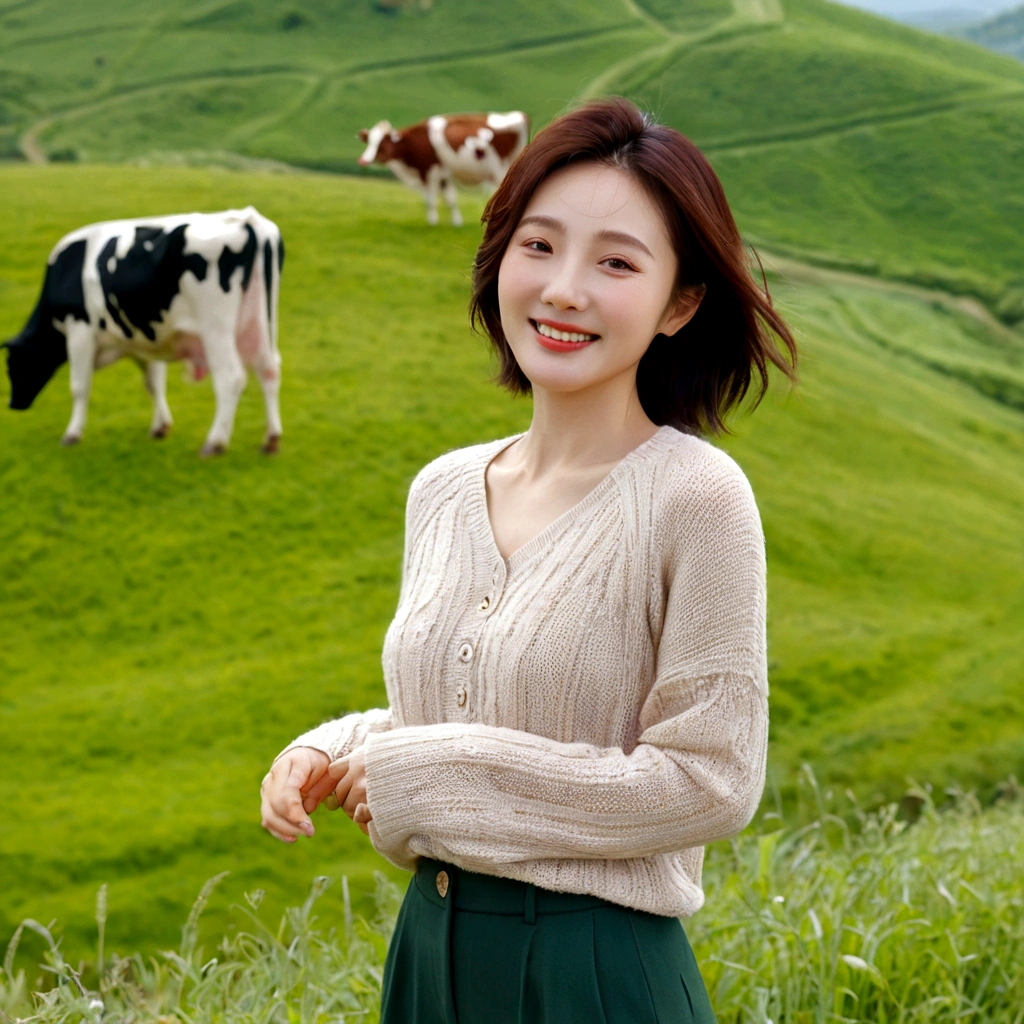 8k best picture quality, Beautiful 36-year-old Korean woman, I have good skin and clear and pretty eyes.. clear and nice weather. Chest size 34 inches, french country village, A cathedral can be seen on a hill in the distance.., The back background is realistic and vivid image quality, Short and medium hair blowing in the wind, Wearing high-end luxury knitwear. casual pants, Hold both hands in front and smile. the background is clear, Short and slim Korean woman, stand far away, Photo taken with a wide-angle lens, Cows graze on green pastures in the distance. Standing on a hill overlooking a country path. One elegant woman standing with her hands facing each other