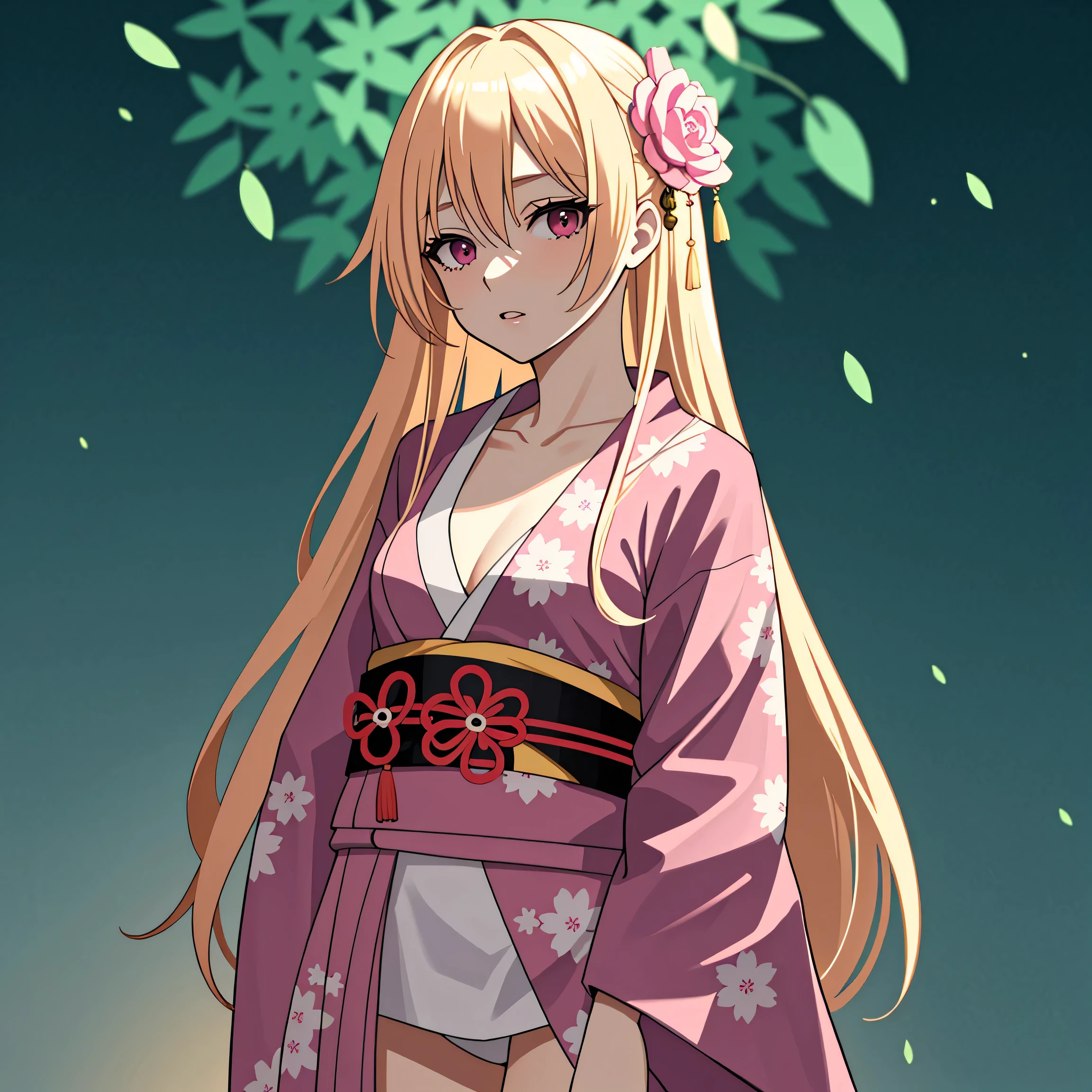 adult woman, pink eyes, long blonde hair, sexy short kimono, 18+