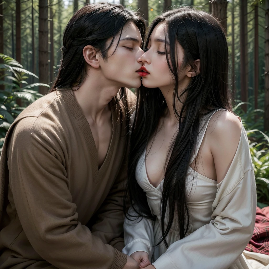 1 girl, long black hair , clear skin, big brown eyes, Slim appearance, Red lips, (Closing the eyes, kissing man, Clothes, medieval) 2 Man , short black hair, broad chest , Clothes, medieval, 2 Man cabello corto (embraced, Closed eyes, kisses, forest)