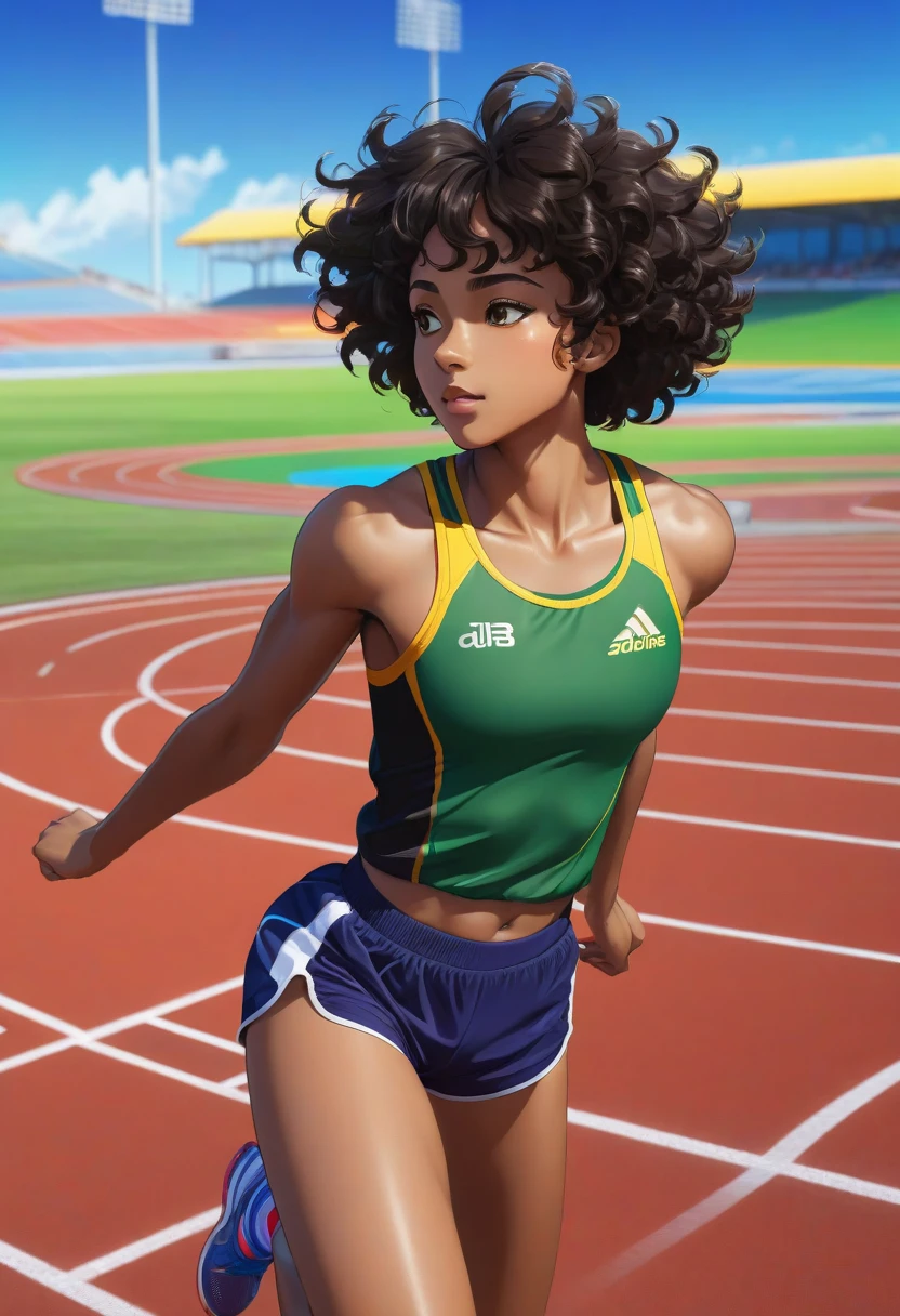 Women's athletic uniform with lycra and green top, white and yellow based on the Jamaica uniform