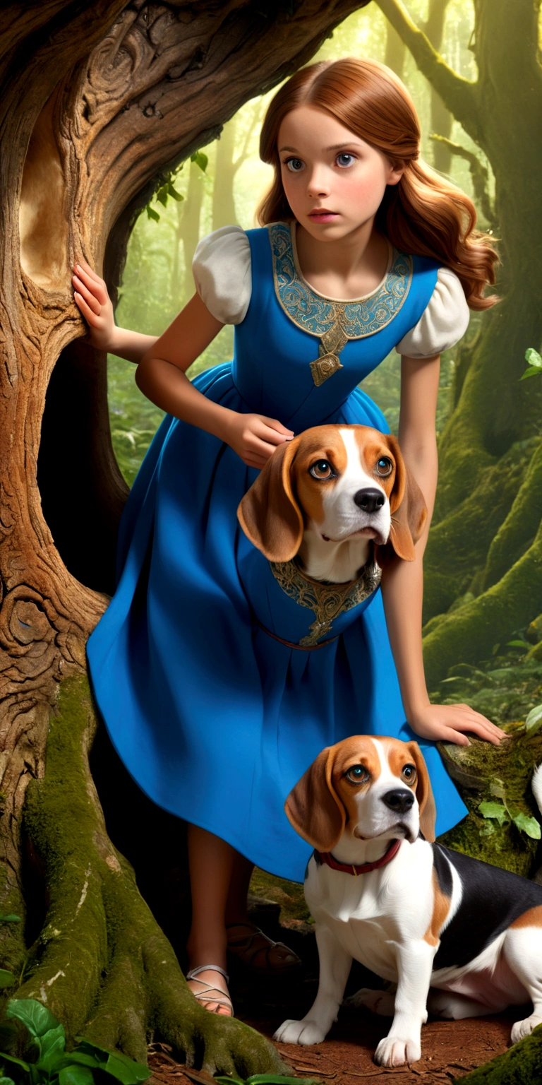 a girl with long brown hair, a blue dress, playing with a brown and white beagle dog, discovering an ancient map inside a hollow tree in a lush green forest, detailed skin and facial features, extremely detailed eyes and face, photorealistic, masterpiece, hyper detailed, dramatic lighting, vibrant colors, cinematic composition, intricate details, highly realistic, extremely sharp focus, (best quality,8k,highres,masterpiece:1.2),ultra-detailed,(realistic,photorealistic,photo-realistic:1.37),dramatic lighting,cinematic composition,intricate details,vibrant colors,warm color palette,soft lighting,natural scenery,serene atmosphere