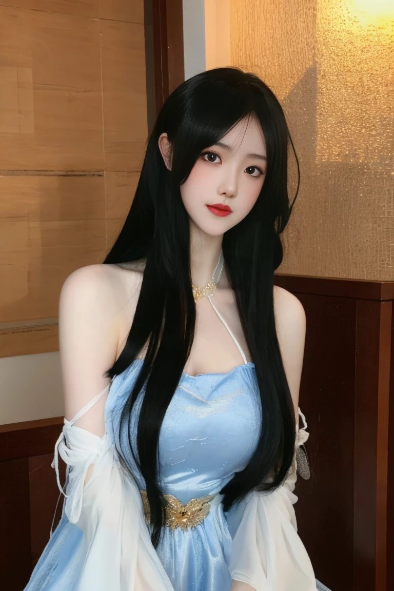 best quality, tmasterpiece,Ultra-high resolution,Clear face,(Reality:1.4),ferpect lighting,(upper body photo), (photorealistic:1.50), anime wallpaper, Guviz style artwork, cover-up fantasy up to magic , by Yang J, Guviz, beautiful artwork illustration, beautiful digital artwork, beautiful digital illustration, Li Song, beautiful anime portrait, art style in Beauvot, black nightgown, see-through, yinziping,1girl, anklet, dress, black hair, sitting, Chinese dress,