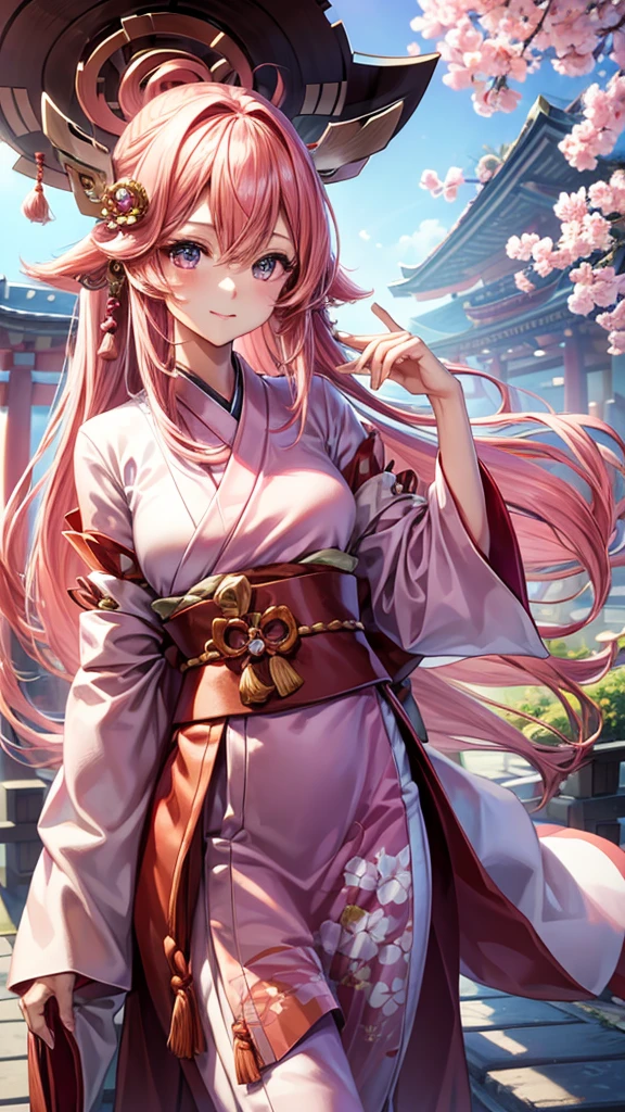 Beautiful girl, Yaemiko, wearing Japanese clothes, hair ornaments, pink clothes, detailed, HD, realistic graphics, ((yaemiko))