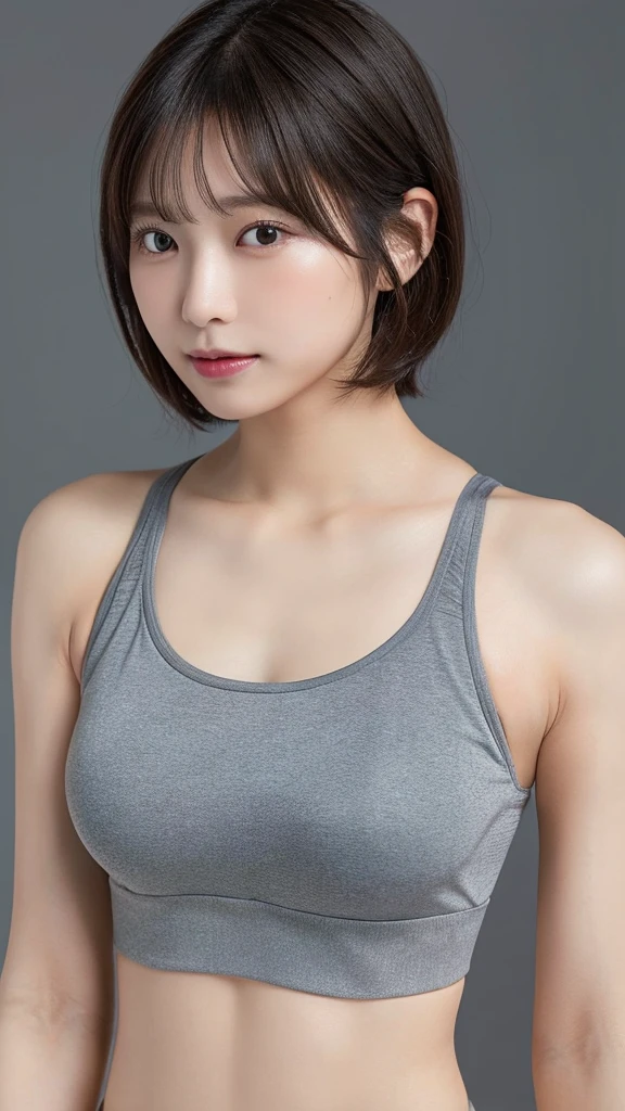 (Highest quality, 8K, 32k, masterpiece, Ultra-high resolution:1.2),Beautiful Japanese Women Photos, Very short bob hair,Upper Body,Face Focus,(Grey sports bra), Simple Background, From above, View your viewers,