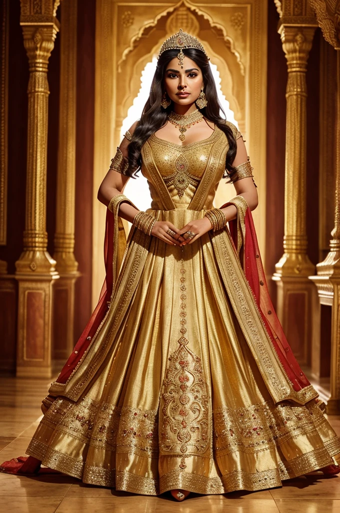 Powerful woman, royal, indian history, elegance, power, beauty , hd, high quality, good anatomy, long view, full dress, court, realistic, full heavy ornaments, gold or long heavy princess gown with sparkles, fierce look, full on realism, vintage filter, flowy princess long gown indian, mughal empire, dhuppatta,
