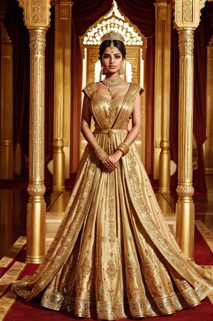 Powerful woman, royal, indian history, elegance, power, beauty , hd, high quality, good anatomy, long view, full dress, court, realistic, full heavy ornaments, gold or long heavy princess gown with sparkles, fierce look, full on realism, vintage filter, flowy princess long gown indian, mughal empire, dhuppatta, 