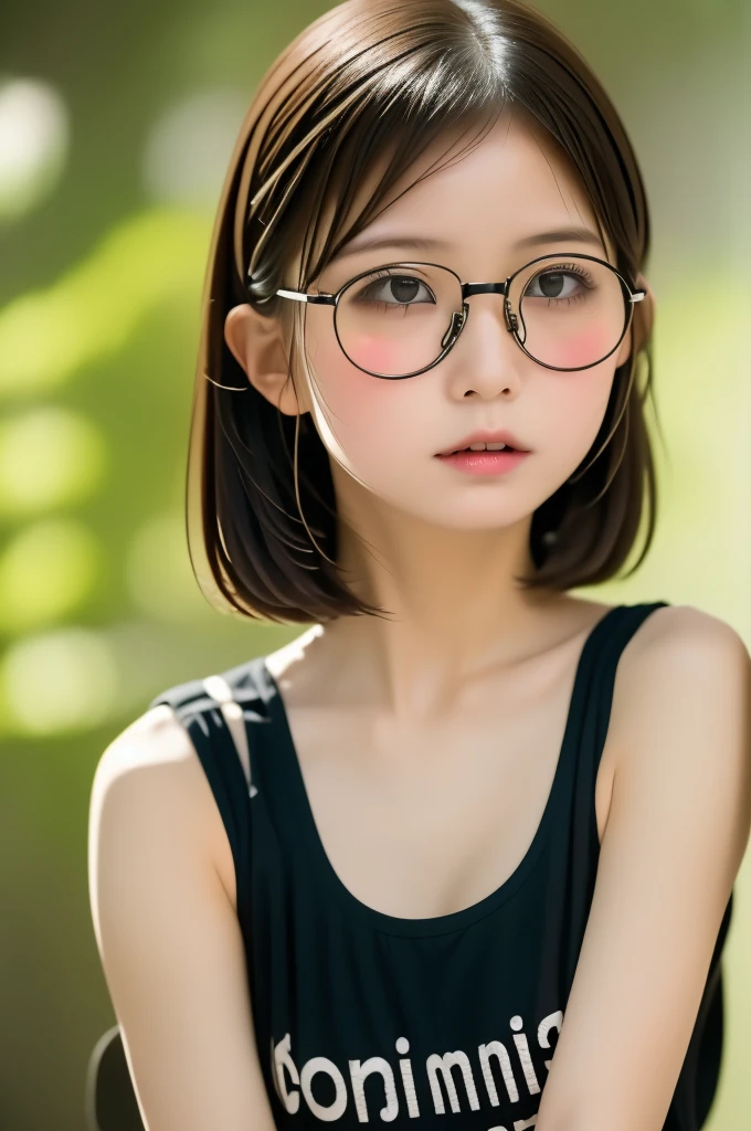 (masterpiece, Highest quality, It captures a very cute moment, Depth of written boundary, Super detailed, Ultra-high resolution, C4D, Octadale, 3D Modeling,Realistic human photos、 8K, 16K, One Girl,Middle school students, Small breasts,Black Hair,short hair,Straight Hair,Light brown eyes,White headband,Wearing black glasses,Cute face), Bloomers, Black tank top, zettai ryouiki, Wet clothes,Classroom Nights,Moonlight, Good elevator, Take off、Real-life skin、Not an anime、Realistic、Not an illustration