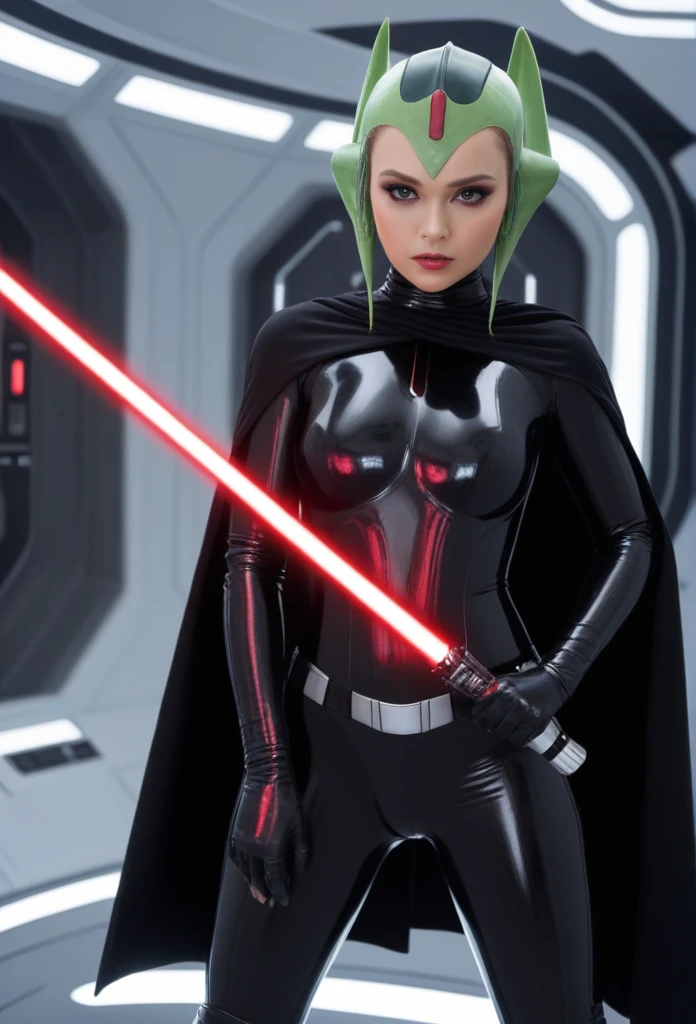 score_9, score_8_up, score_7_up, score_6_up, 2d, rating_questionable, rating_safe, BREAK ((green skin)) Female Twi'lek (((hera syndulla ))), helmet with red visor, star wars, armor,black gloves,tight bodysuit,black cape,black pants, close up, solo, standing, front view, medium breasts, wide hips, holding lightsaber, double edged, action pose, red blade, indoors, sith base, science fiction,
