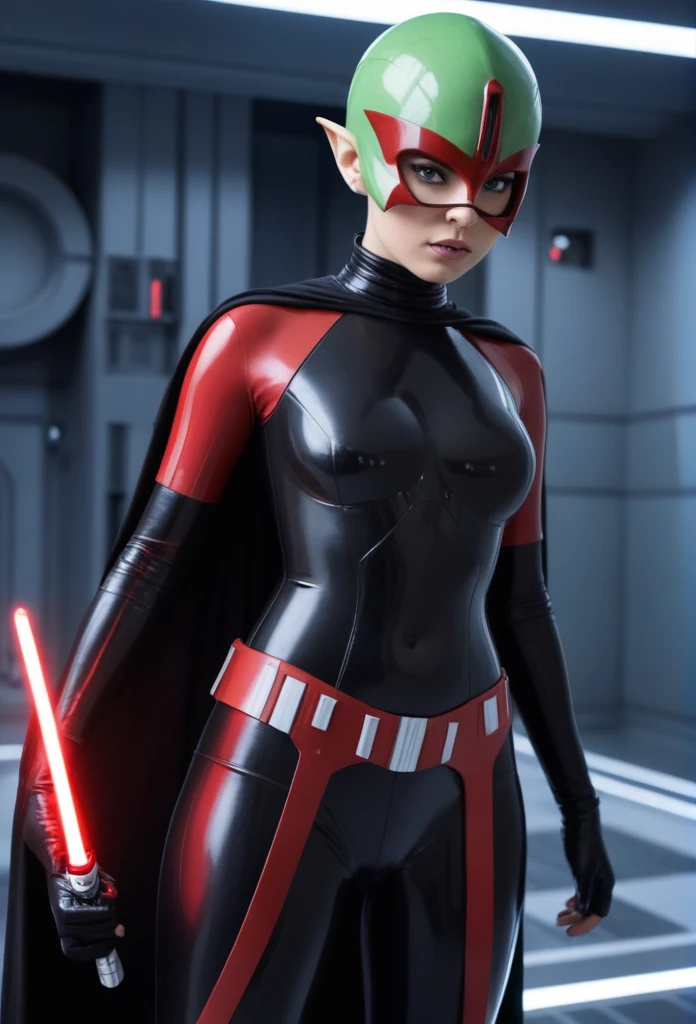score_9, score_8_up, score_7_up, score_6_up, 2d, rating_questionable, rating_safe, BREAK ((green skin)) Female Twi'lek (((hera syndulla ))), helmet with red visor, star wars, armor,black gloves,tight bodysuit,black cape,black pants, close up, solo, standing, front view, medium breasts, wide hips, holding lightsaber, double edged, action pose, red blade, indoors, sith base, science fiction,
