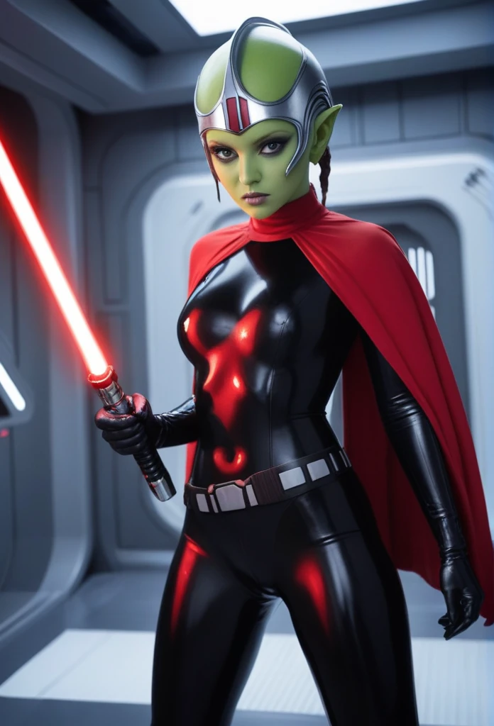 score_9, score_8_up, score_7_up, score_6_up, 2d, rating_questionable, rating_safe, BREAK ((green skin)) Female Twi'lek (((hera syndulla ))), helmet with red visor, star wars, armor,black gloves,tight bodysuit,black cape,black pants, close up, solo, standing, front view, medium breasts, wide hips, holding lightsaber, double edged, action pose, red blade, indoors, sith base, science fiction,
